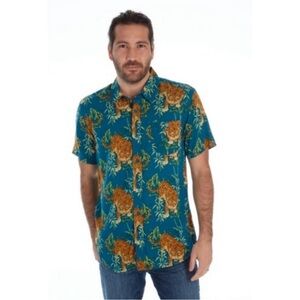 RSQ Collective Men's Teal and Orange Tiger Print Shirt Sz S